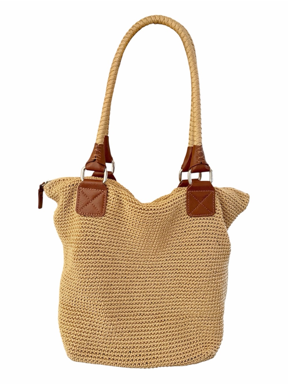 Vintage The Sak Purse Cambria Tan Khaki Crochet Knit Woven Shoulder Bag Tote